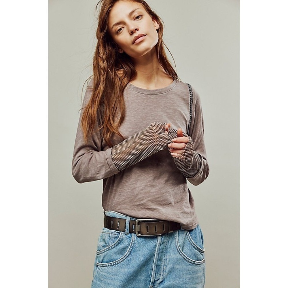 Free People After Dark Cuff Gray Slub Knit Rhinestone Long Sleeve Top Small